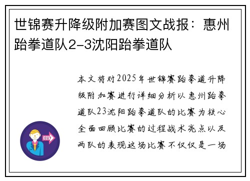 世锦赛升降级附加赛图文战报：惠州跆拳道队2-3沈阳跆拳道队