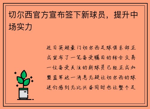 切尔西官方宣布签下新球员，提升中场实力
